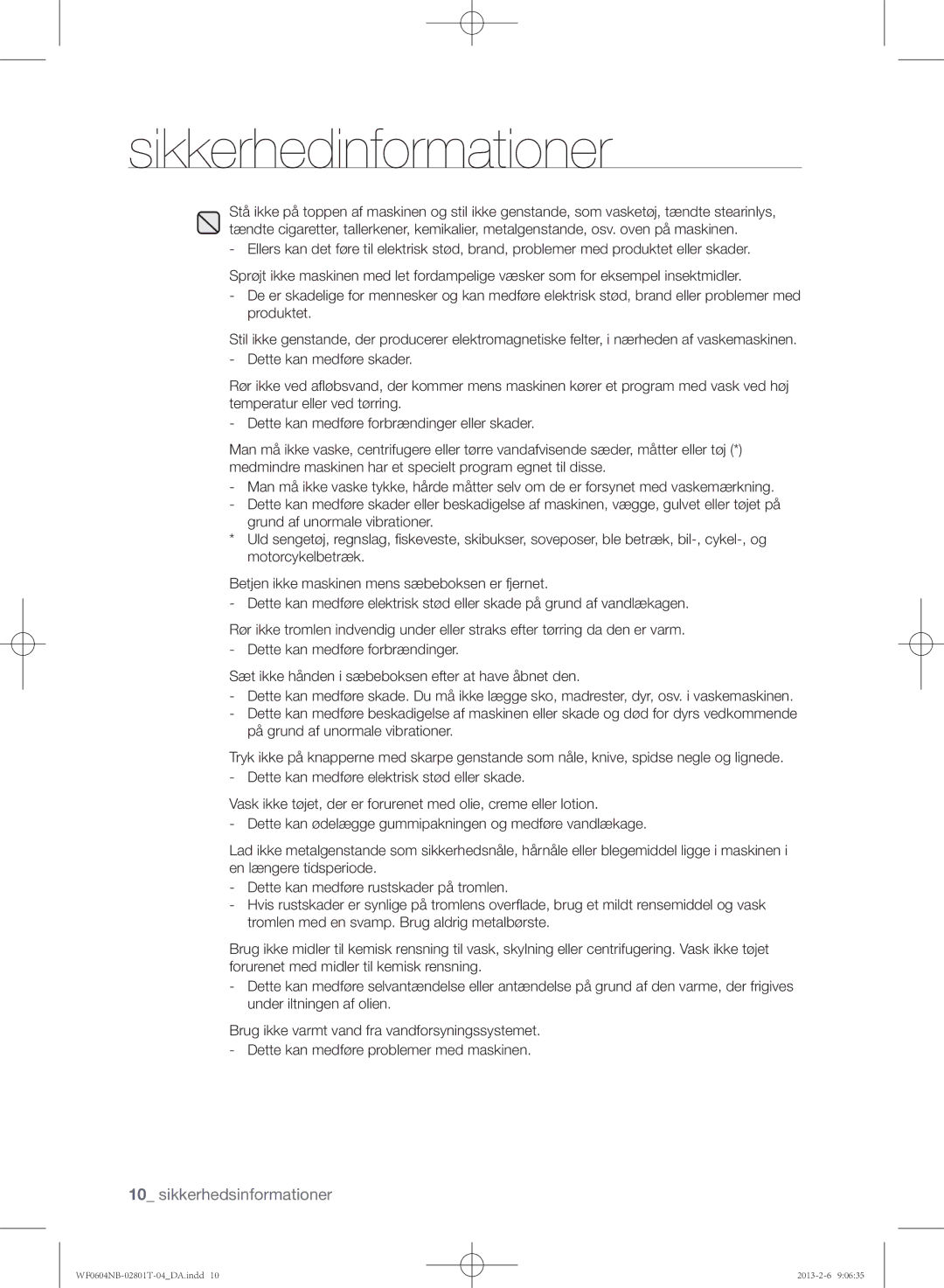 Samsung WF0604NBE/XEE, WF0604NBW/XEE manual Sikkerhedinformationer 