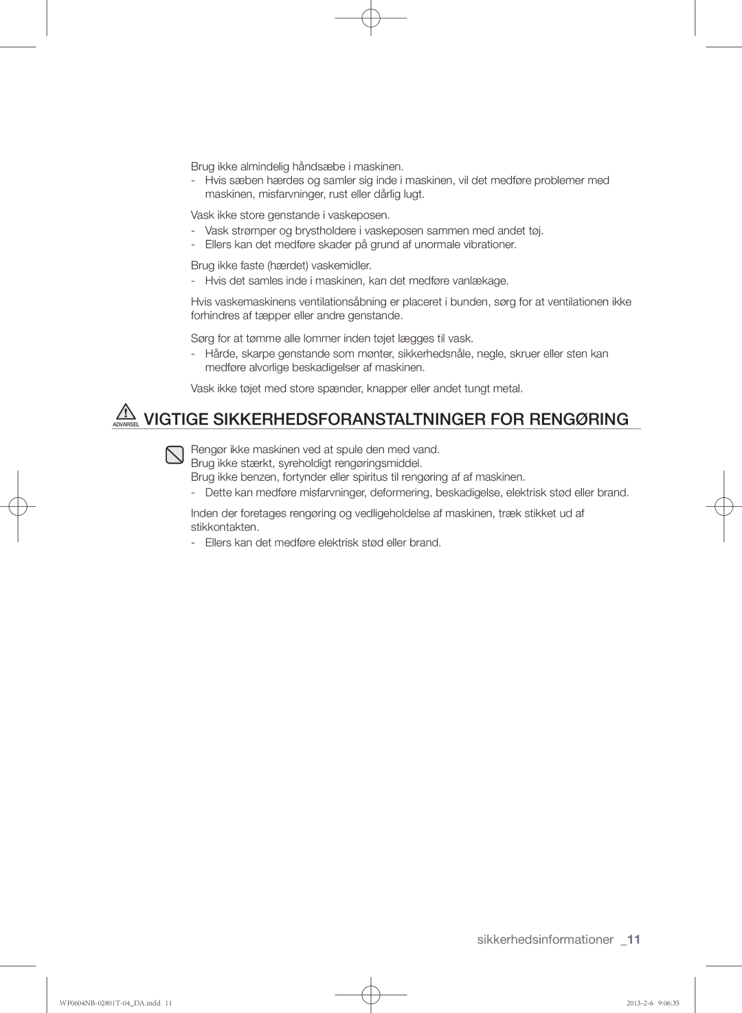 Samsung WF0604NBW/XEE, WF0604NBE/XEE manual Sikkerhedsinformationer 