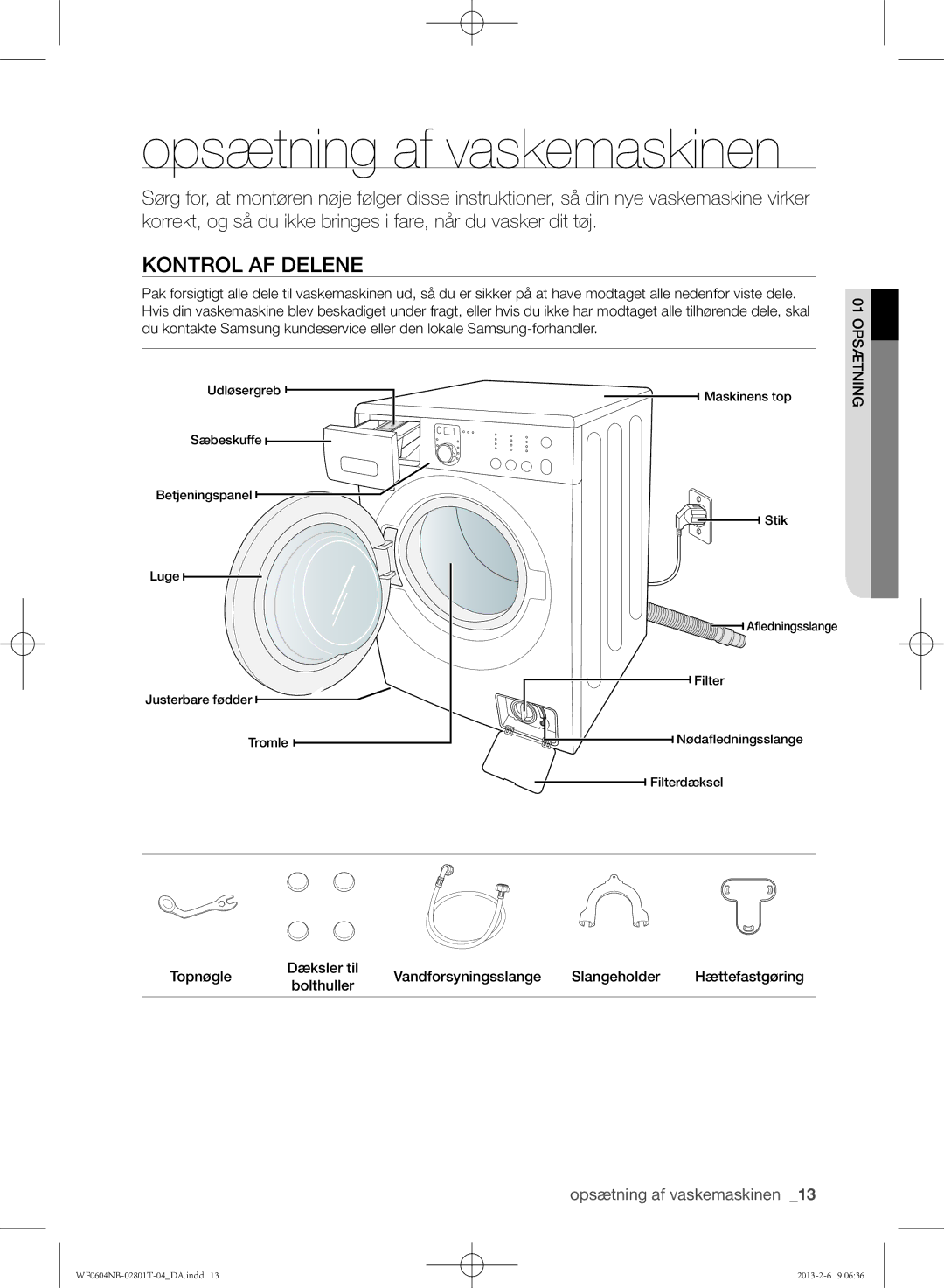 Samsung WF0604NBW/XEE, WF0604NBE/XEE manual Opsætning af vaskemaskinen, Kontrol af delene 