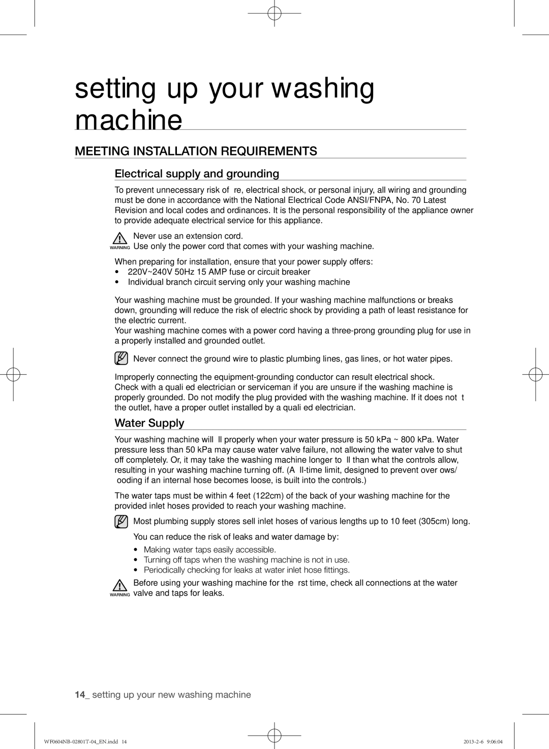 Samsung WF0604NBE/XEE, WF0604NBW/XEE manual Meeting installation requirements, Electrical supply and grounding, Water Supply 