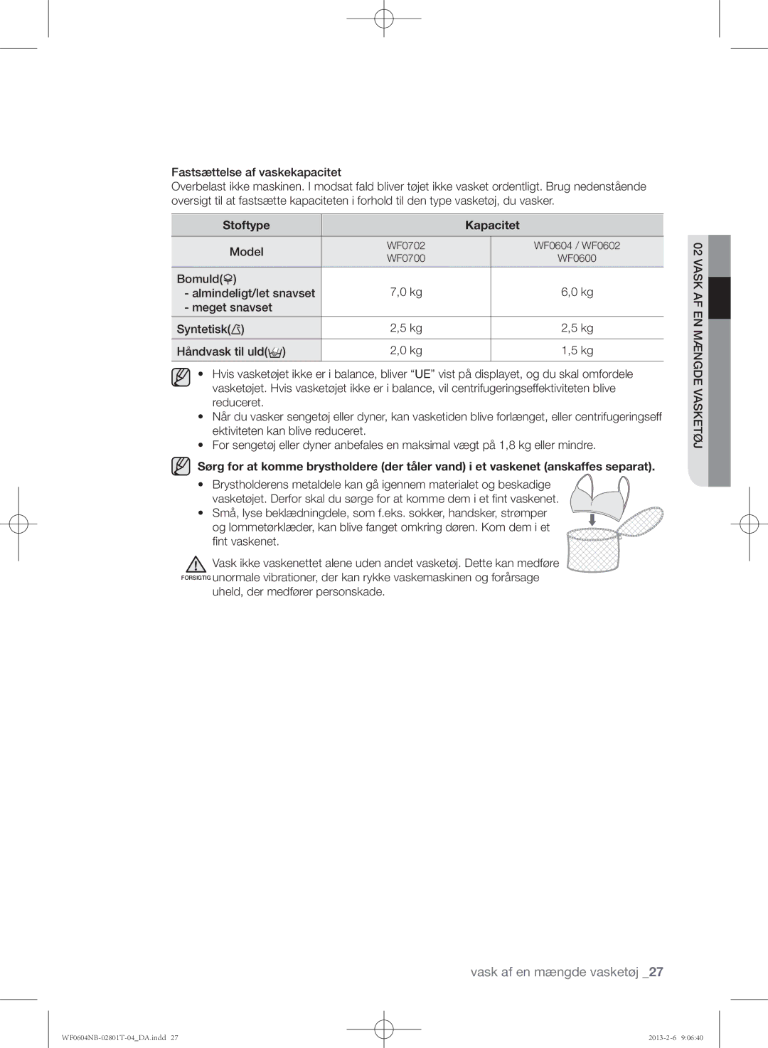 Samsung WF0604NBW/XEE manual Fastsættelse af vaskekapacitet, Uheld, der medfører personskade Ask af en mængde vasketøj 