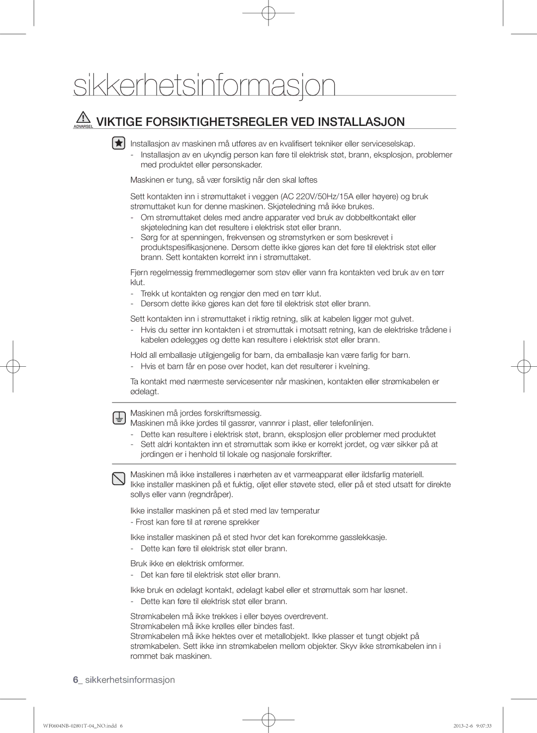 Samsung WF0604NBE/XEE, WF0604NBW/XEE manual Sikkerhetsinformasjon 