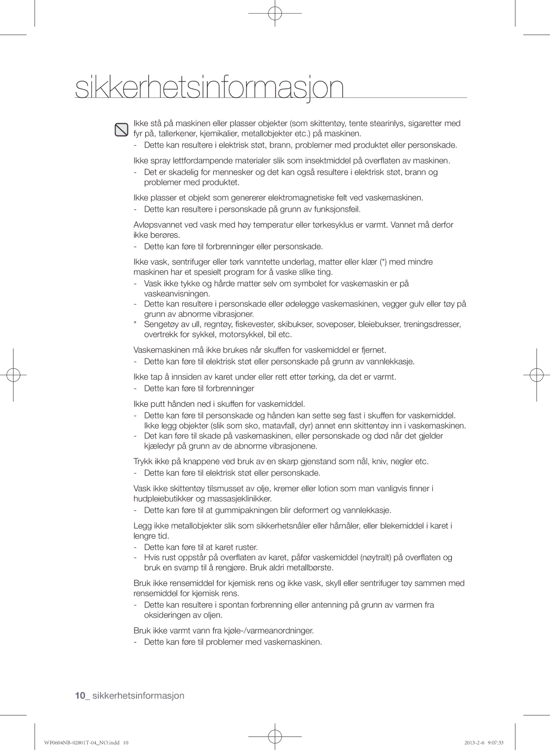 Samsung WF0604NBE/XEE, WF0604NBW/XEE manual Sikkerhetsinformasjon 