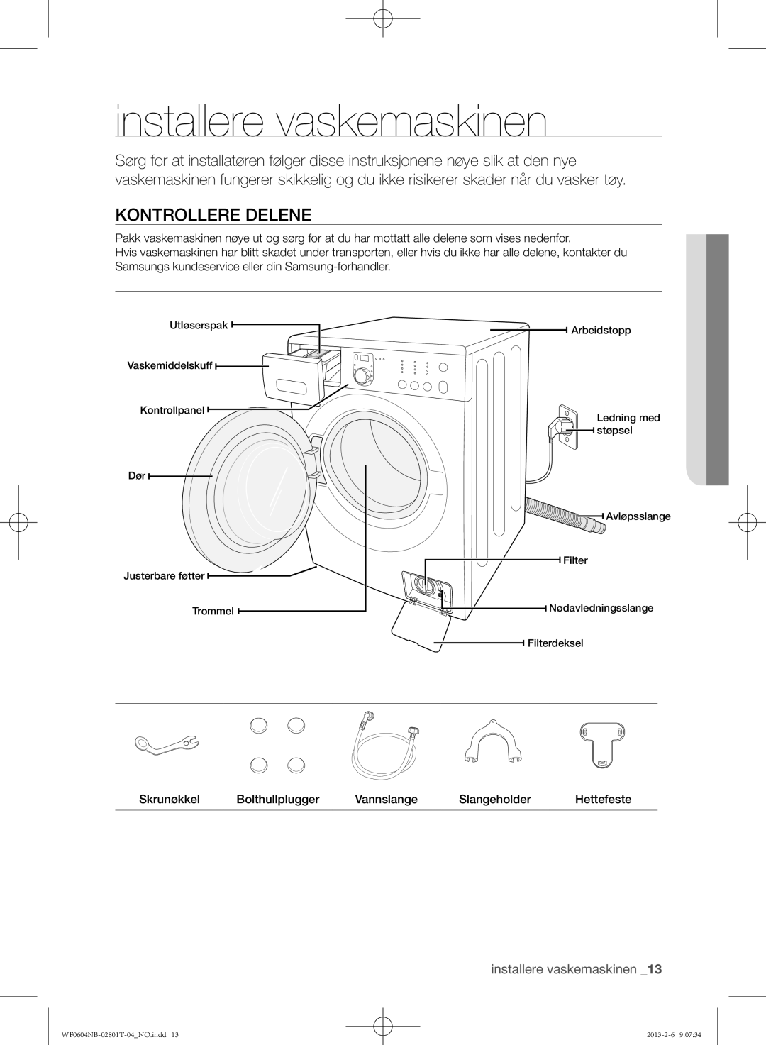 Samsung WF0604NBW/XEE, WF0604NBE/XEE manual Installere vaskemaskinen, Kontrollere delene 