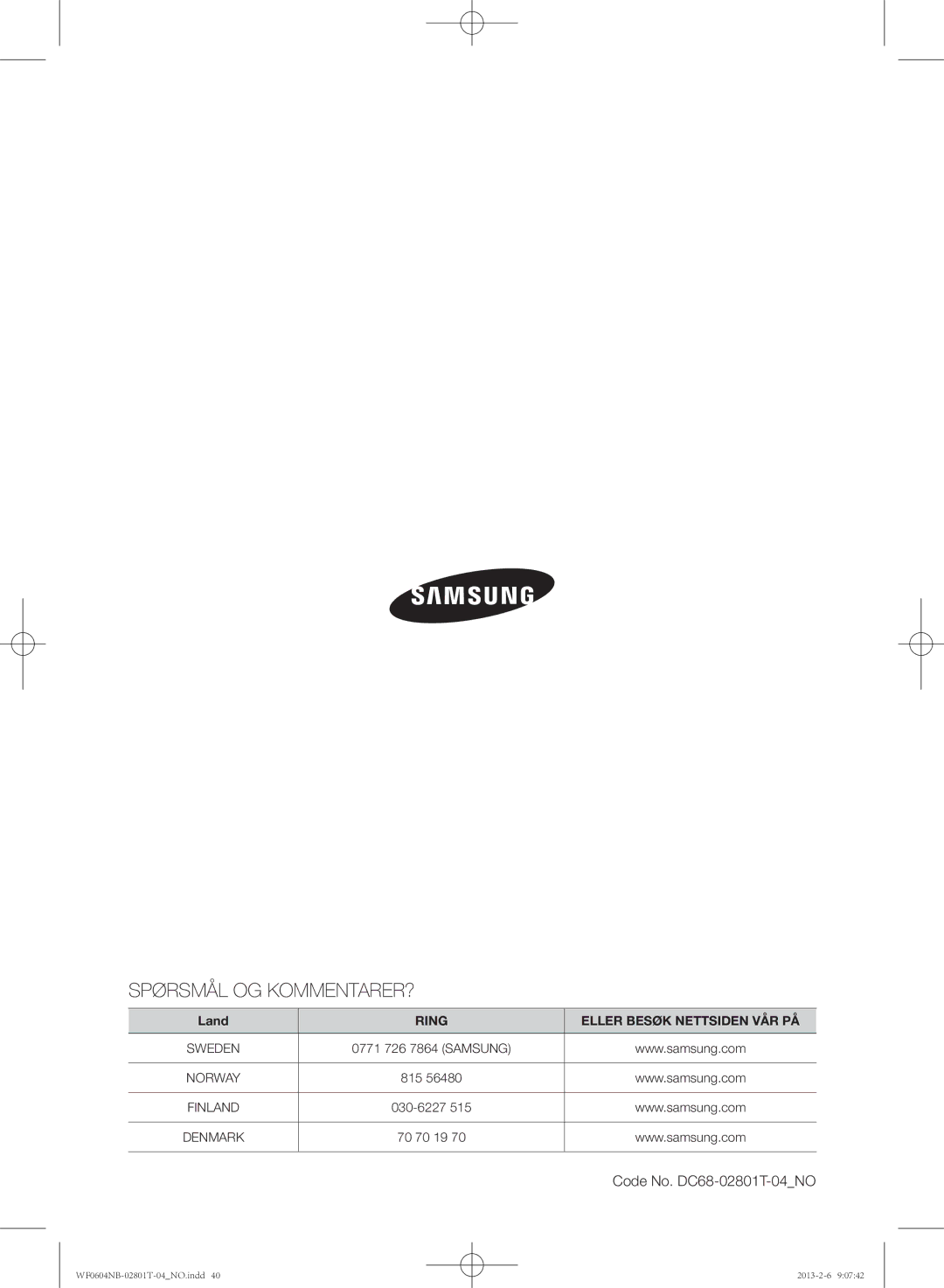 Samsung WF0604NBE/XEE, WF0604NBW/XEE manual Spørsmål OG KOMMENTARER?, Code No. DC68-02801T-04NO 