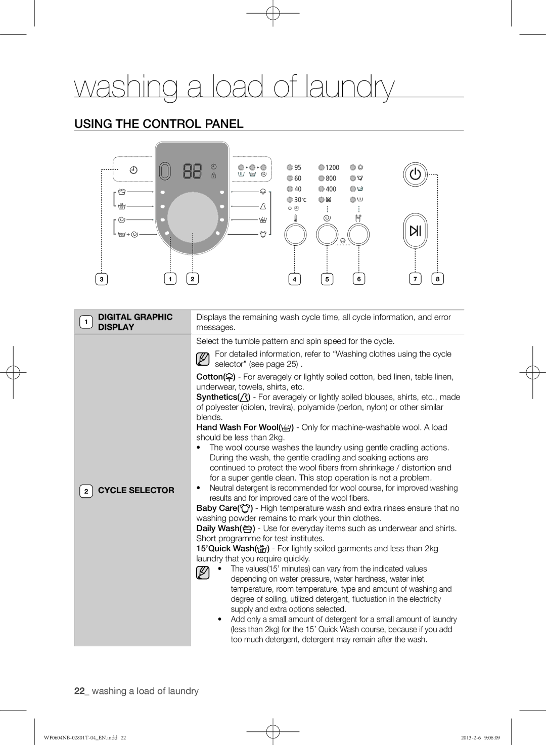 Samsung WF0604NBE/XEE, WF0604NBW/XEE manual Using the control panel, Cycle Selector 