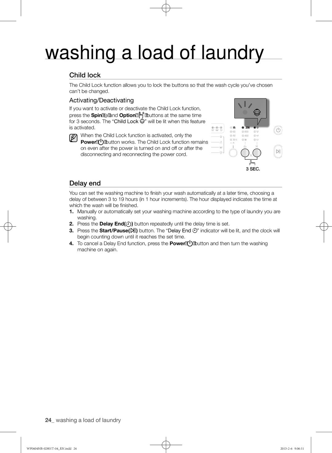 Samsung WF0604NBE/XEE, WF0604NBW/XEE manual Child lock, Activating/Deactivating 