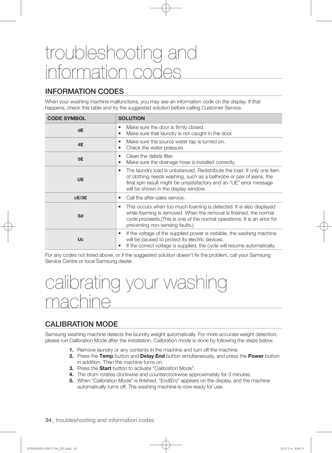 Samsung WF0604NBE/XEE manual Calibrating your washing machine, Information codes, Calibration mode, Code Symbol Solution 