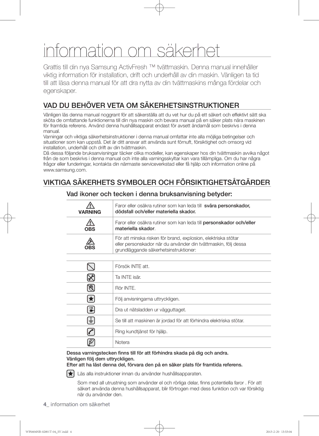 Samsung WF0604NBE/XEE, WF0604NBW/XEE manual Information om säkerhet, VAD DU Behöver Veta OM Säkerhetsinstruktioner 