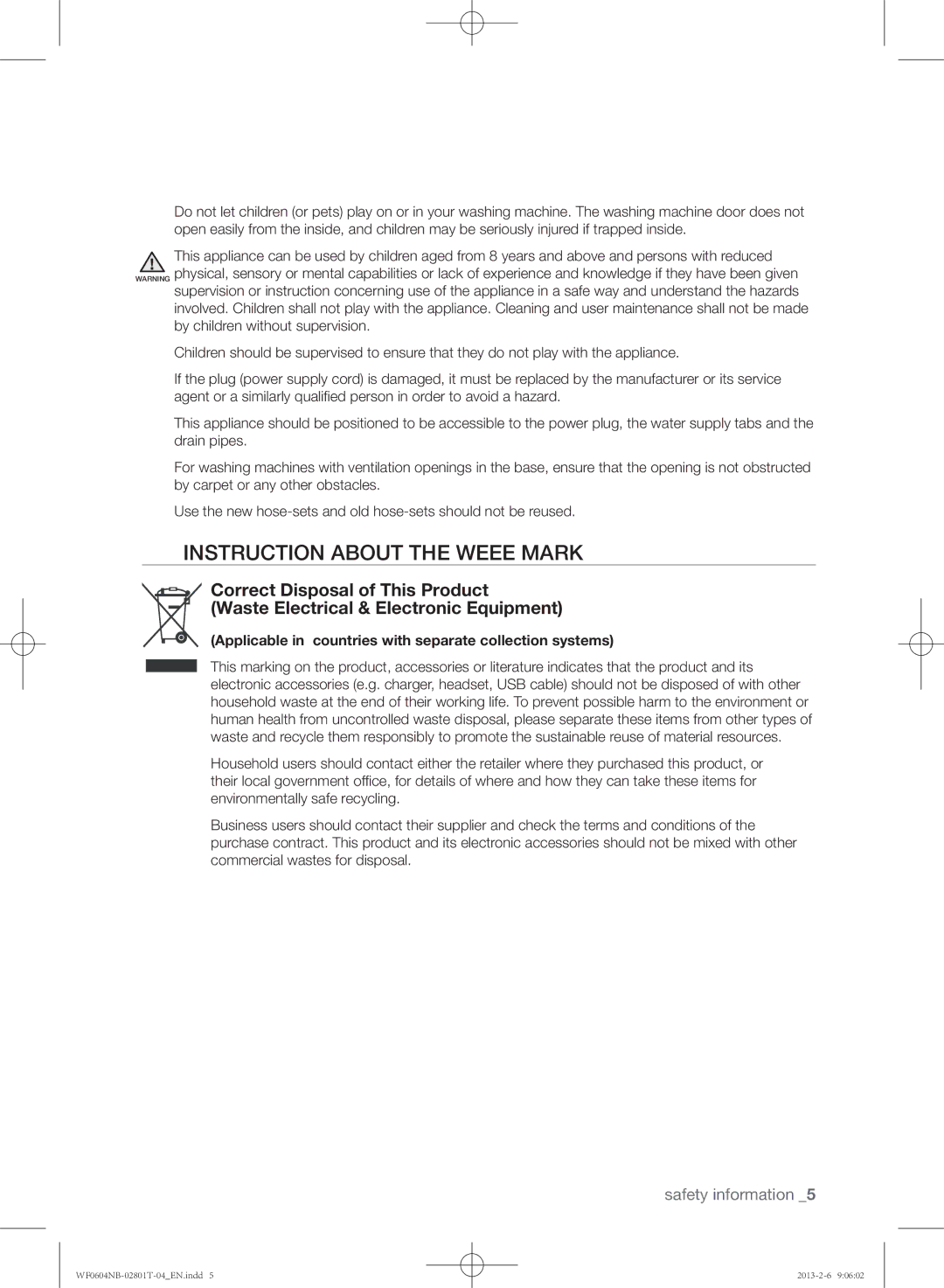 Samsung WF0604NBW/XEE manual Instruction about the Weee mark, Applicable in countries with separate collection systems 