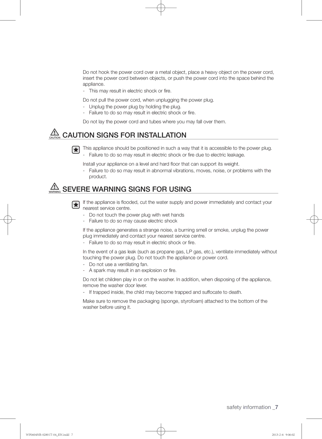 Samsung WF0604NBW/XEE, WF0604NBE/XEE manual Safety information 