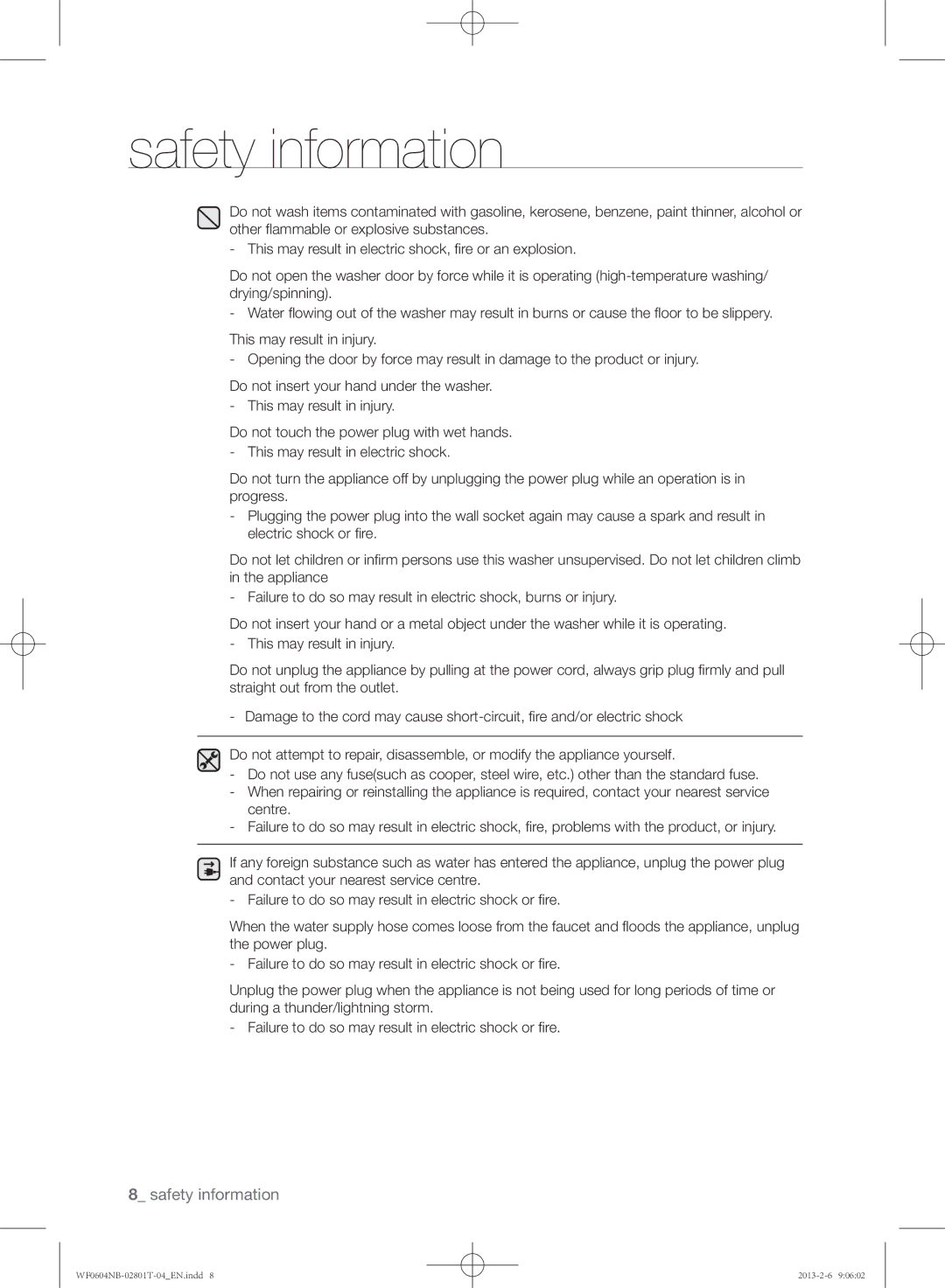 Samsung WF0604NBE/XEE, WF0604NBW/XEE manual Safety information 