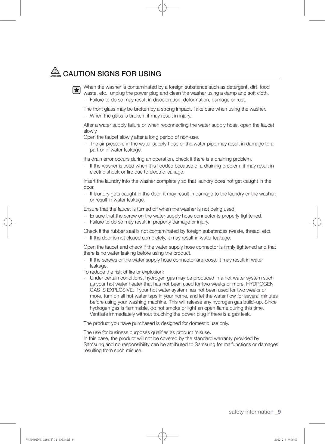 Samsung WF0604NBW/XEE, WF0604NBE/XEE manual Safety information 