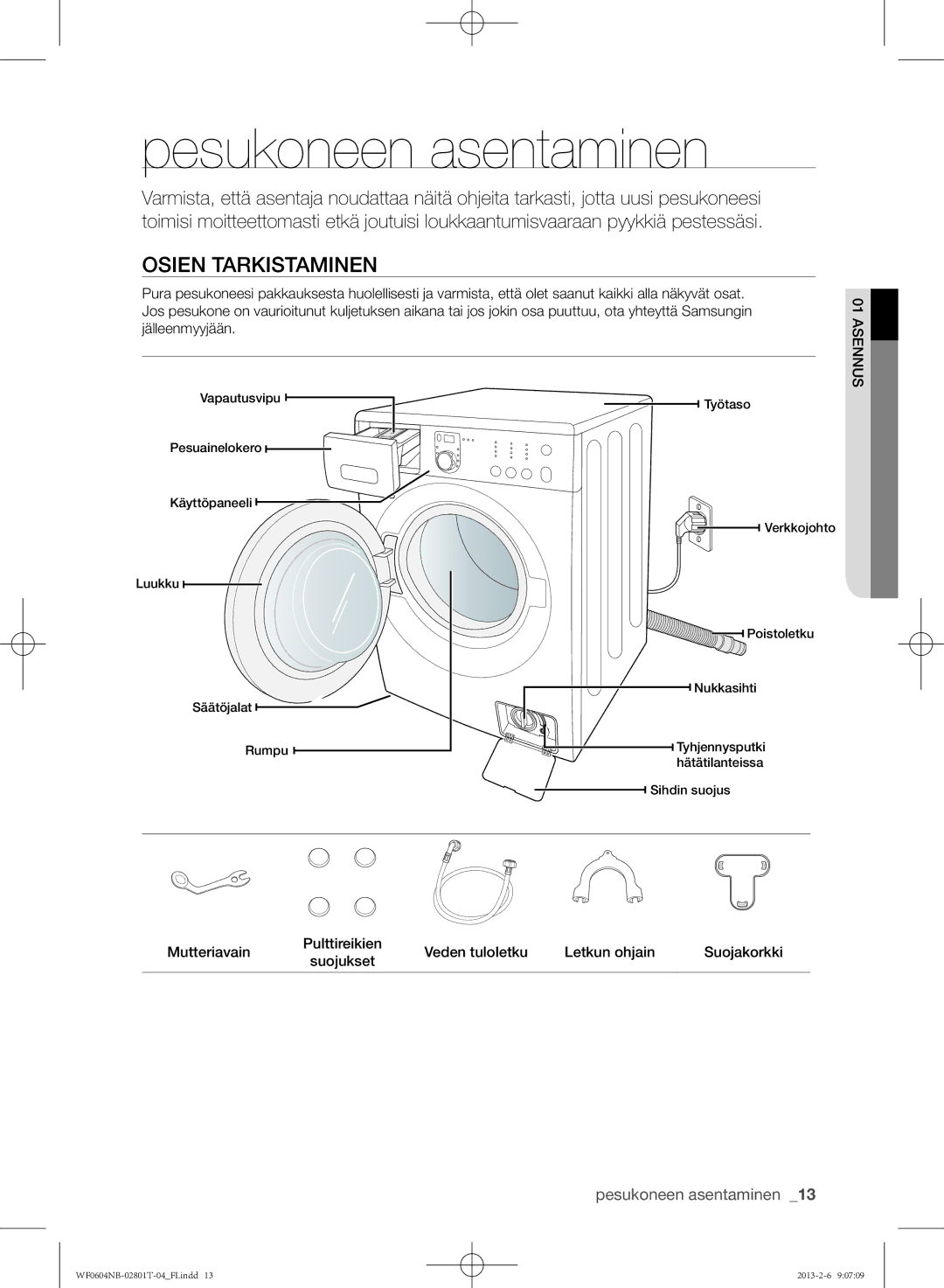 Samsung WF0604NBW/XEE, WF0604NBE/XEE manual Pesukoneen asentaminen, Osien tarkistaminen 