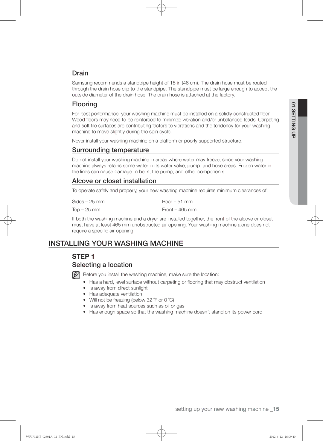 Samsung WF0604NBE/XEU, WF0702NBE/XEU, WF0604NBE/XEE manual Installing your washing machine 