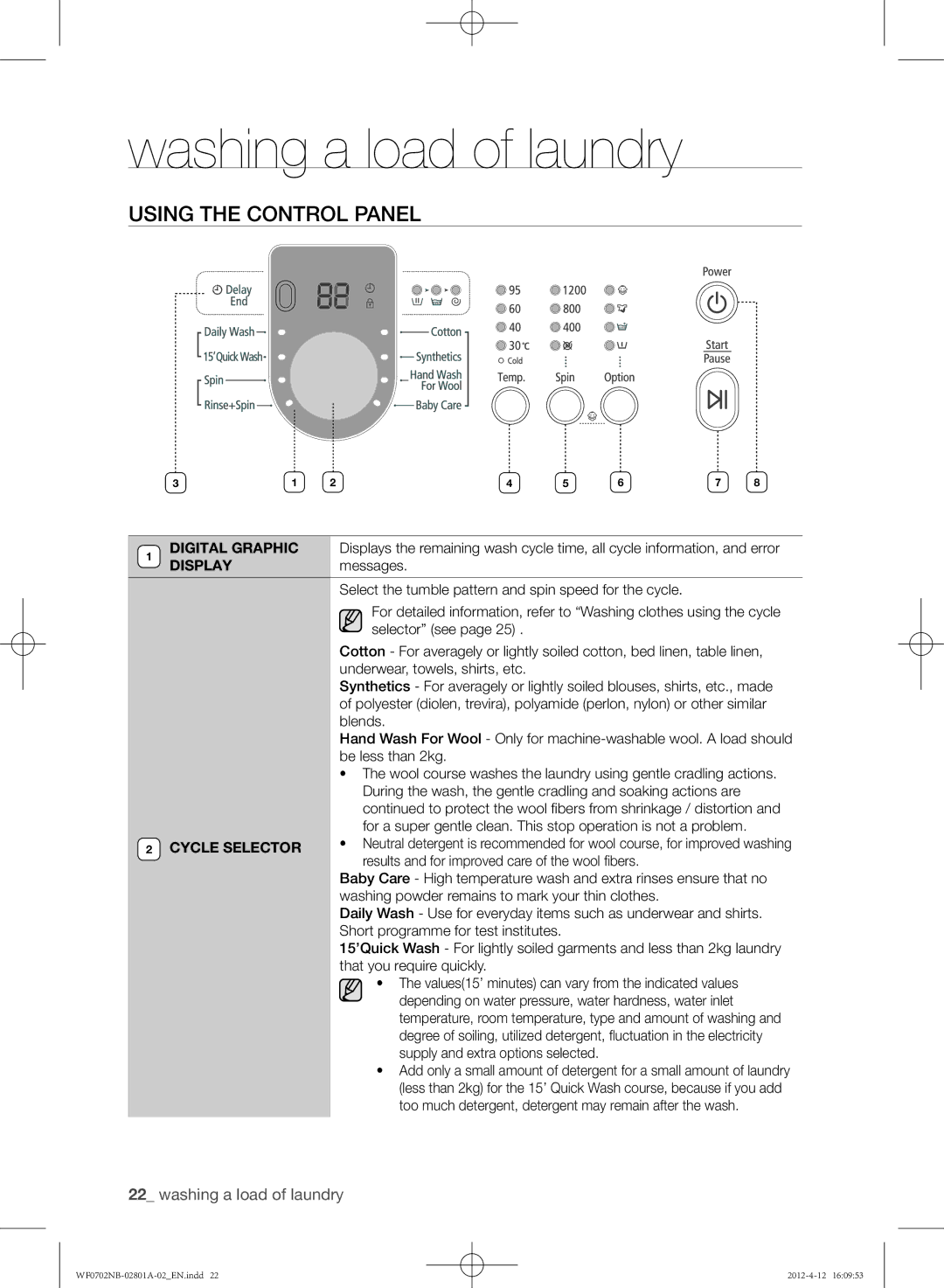 Samsung WF0702NBE/XEU, WF0604NBE/XEU, WF0604NBE/XEE manual Using the control panel, Cycle Selector 