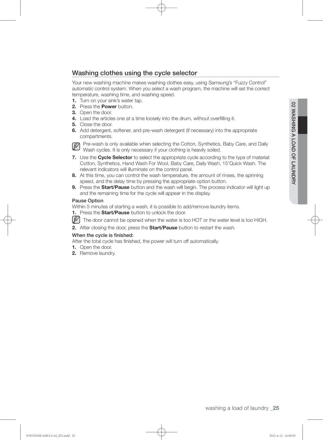 Samsung WF0702NBE/XEU, WF0604NBE/XEU, WF0604NBE/XEE manual Washing clothes using the cycle selector 