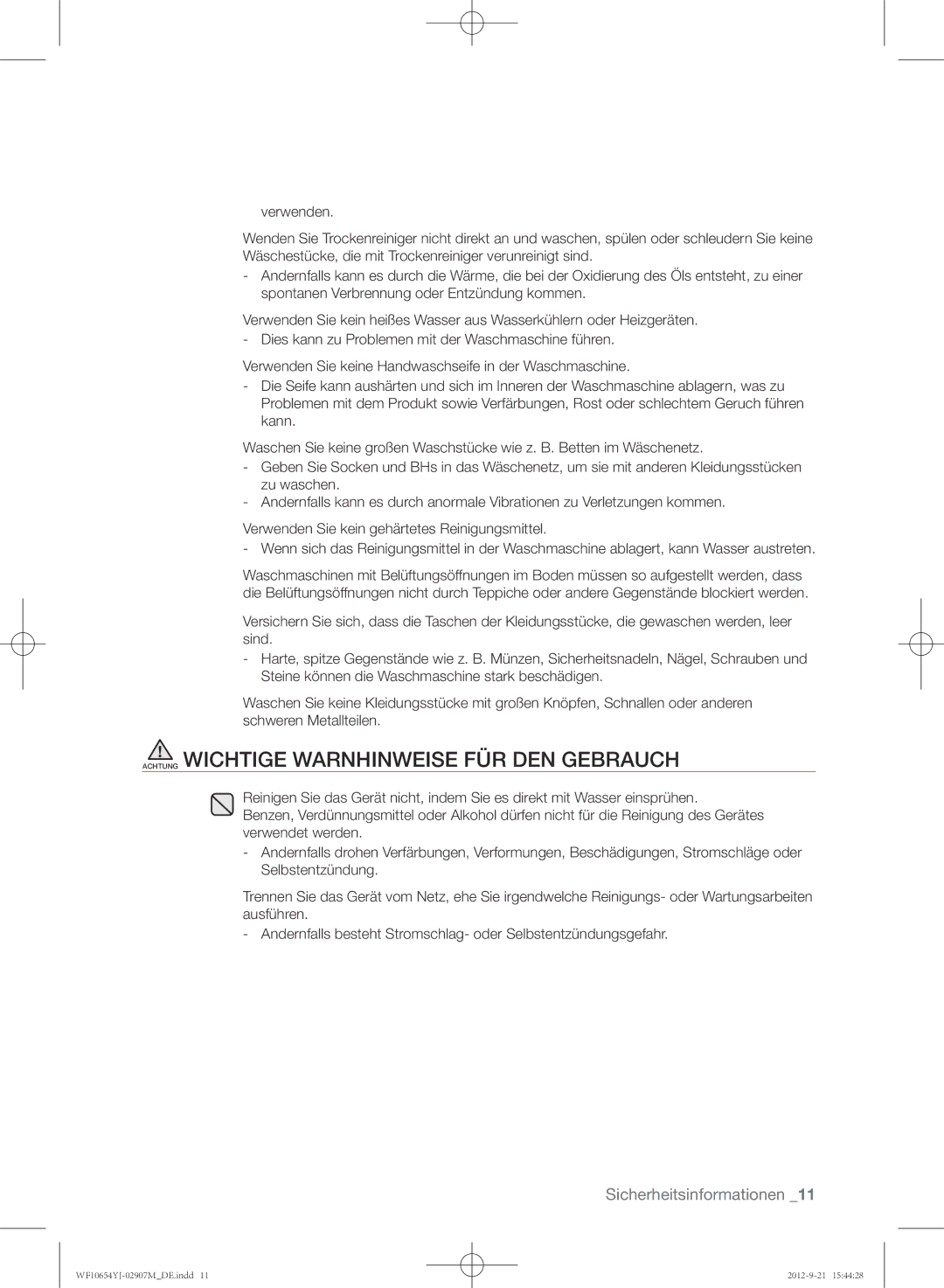 Samsung WF0604YJW/XEG manual Achtung Wichtige Warnhinweise FÜR DEN Gebrauch 