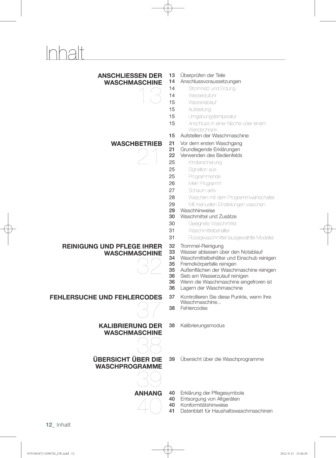 Samsung WF0604YJW/XEG manual Inhalt 