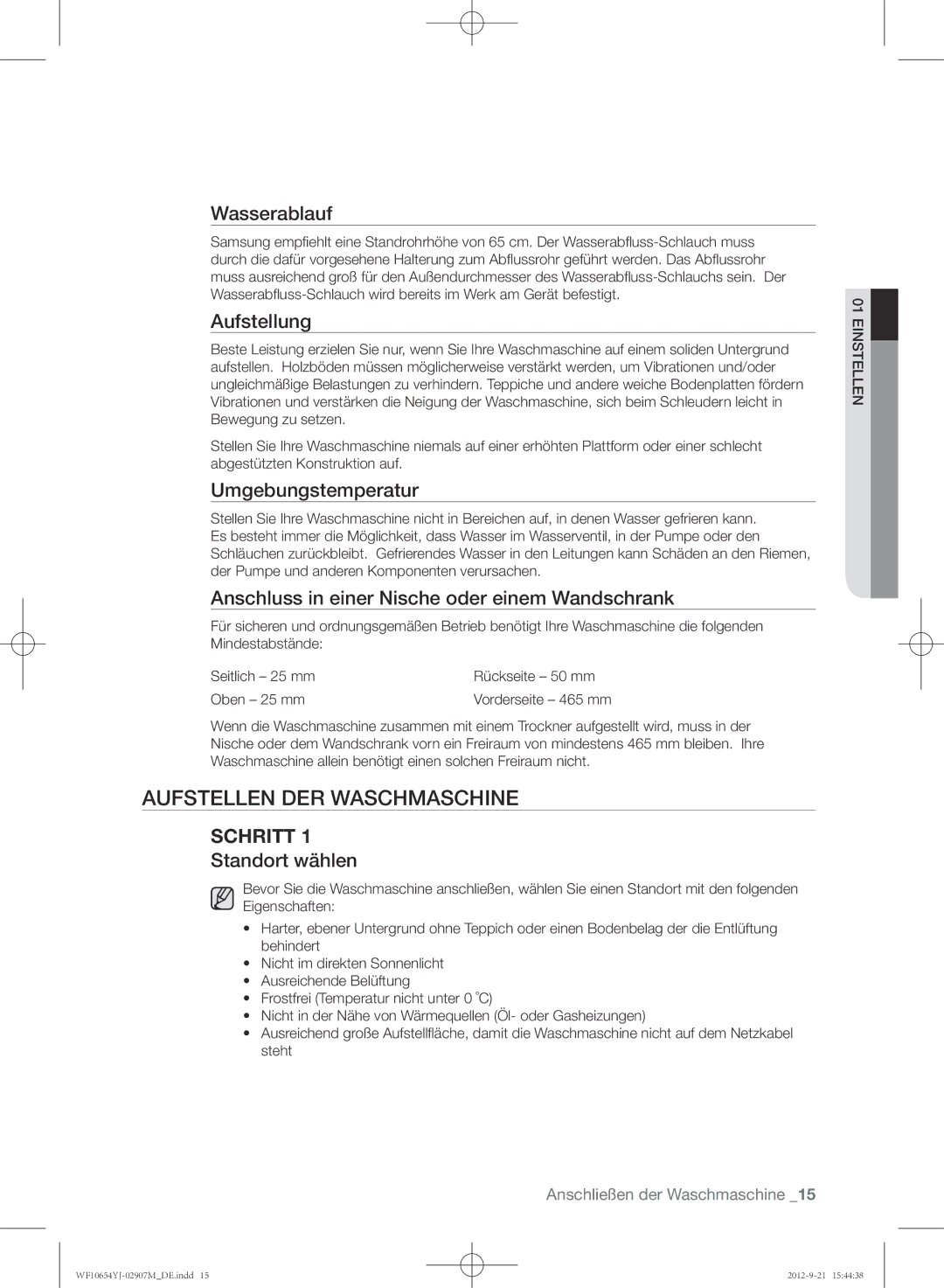 Samsung WF0604YJW/XEG manual Aufstellen der Waschmaschine 