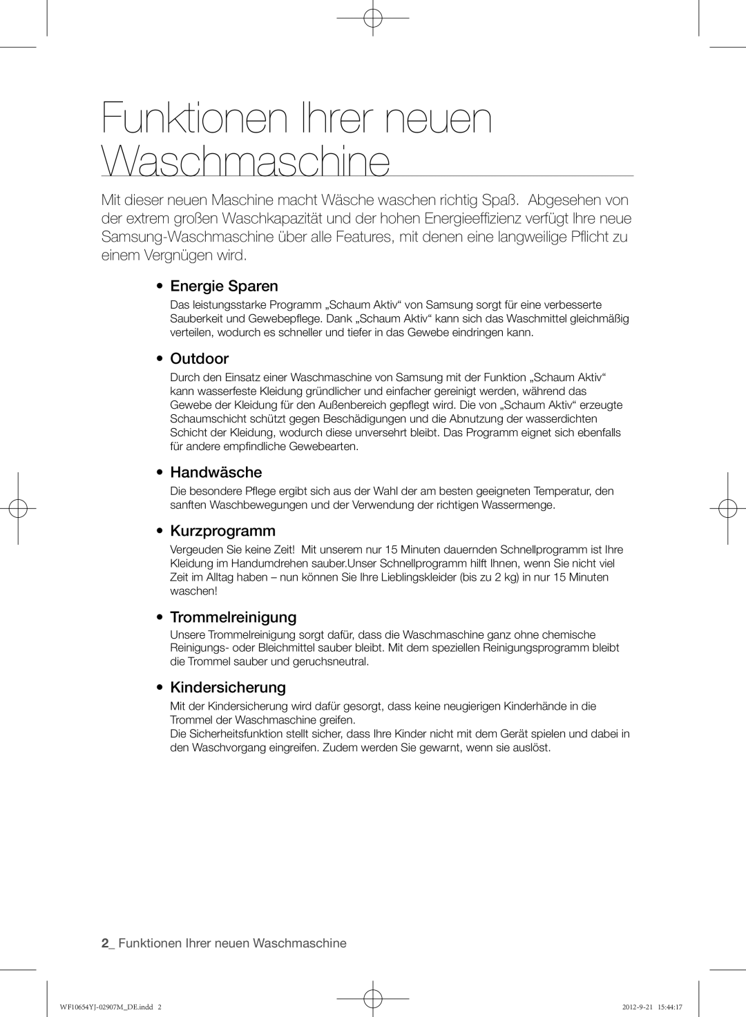 Samsung WF0604YJW/XEG manual Funktionen Ihrer neuen Waschmaschine 