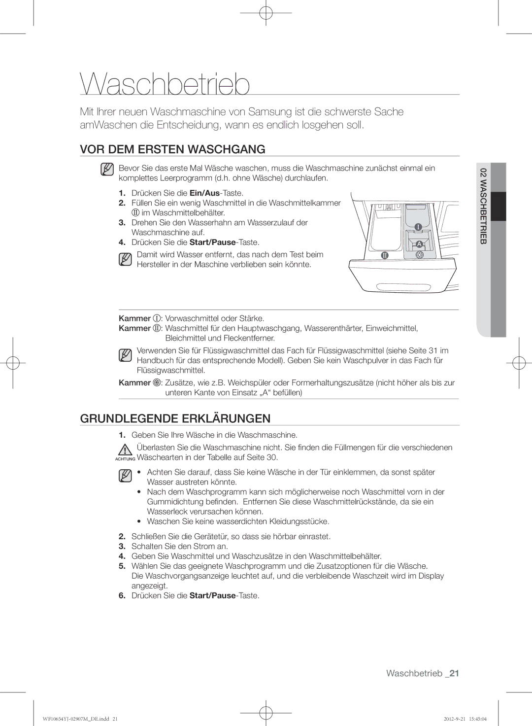 Samsung WF0604YJW/XEG manual Waschbetrieb, Vor dem ersten Waschgang, Grundlegende Erklärungen 