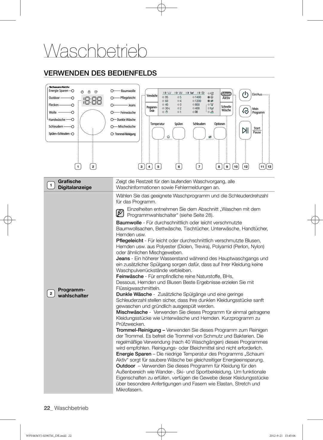 Samsung WF0604YJW/XEG manual Verwenden des Bedienfelds, Grafische, Digitalanzeige, Programm, Wahlschalter 