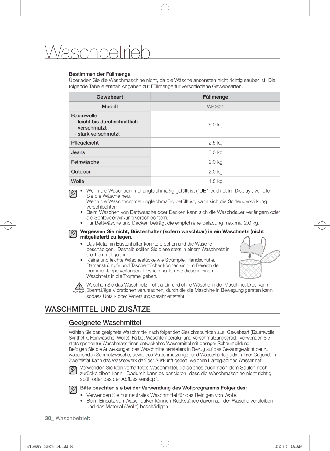 Samsung WF0604YJW/XEG manual Waschmittel und Zusätze, Geeignete Waschmittel, Gewebeart Füllmenge 