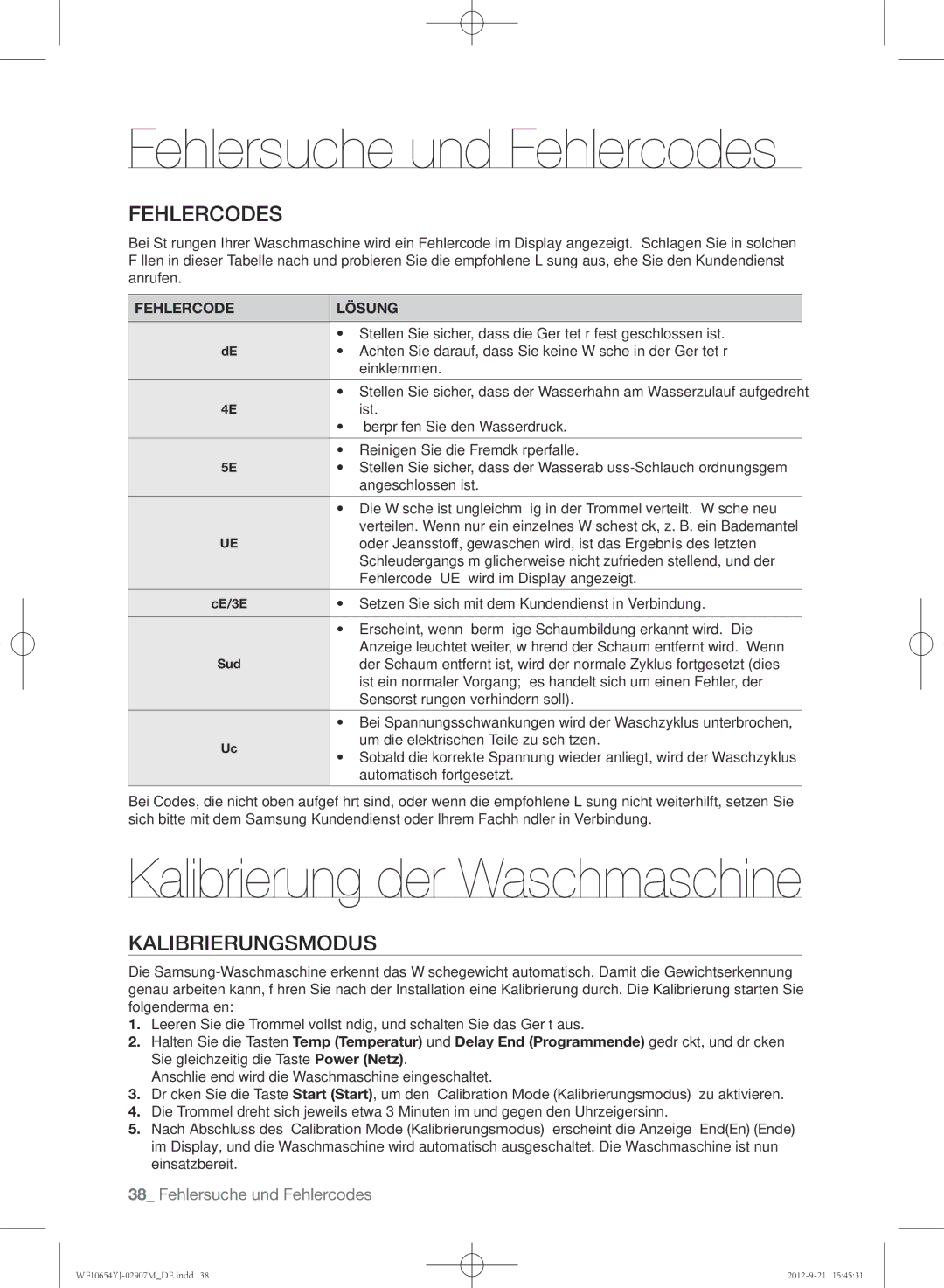 Samsung WF0604YJW/XEG manual Fehlersuche und Fehlercodes, Kalibrierung der Waschmaschine, Kalibrierungsmodus 