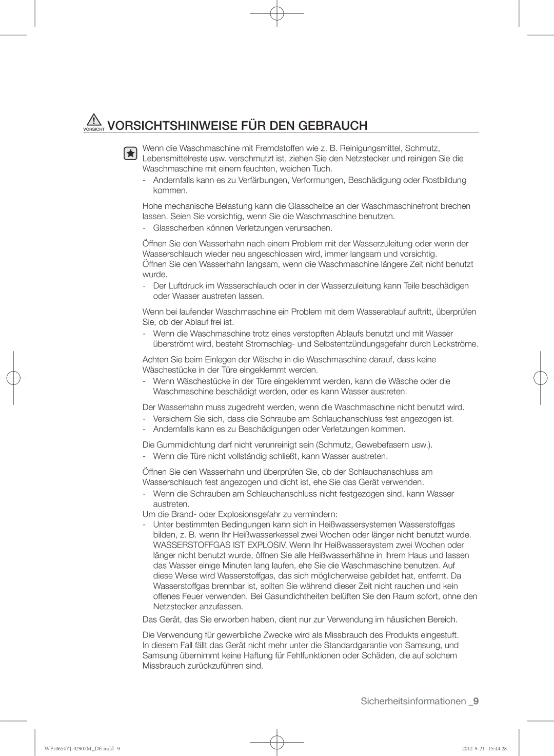 Samsung WF0604YJW/XEG manual Vorsicht Vorsichtshinweise FÜR DEN Gebrauch 