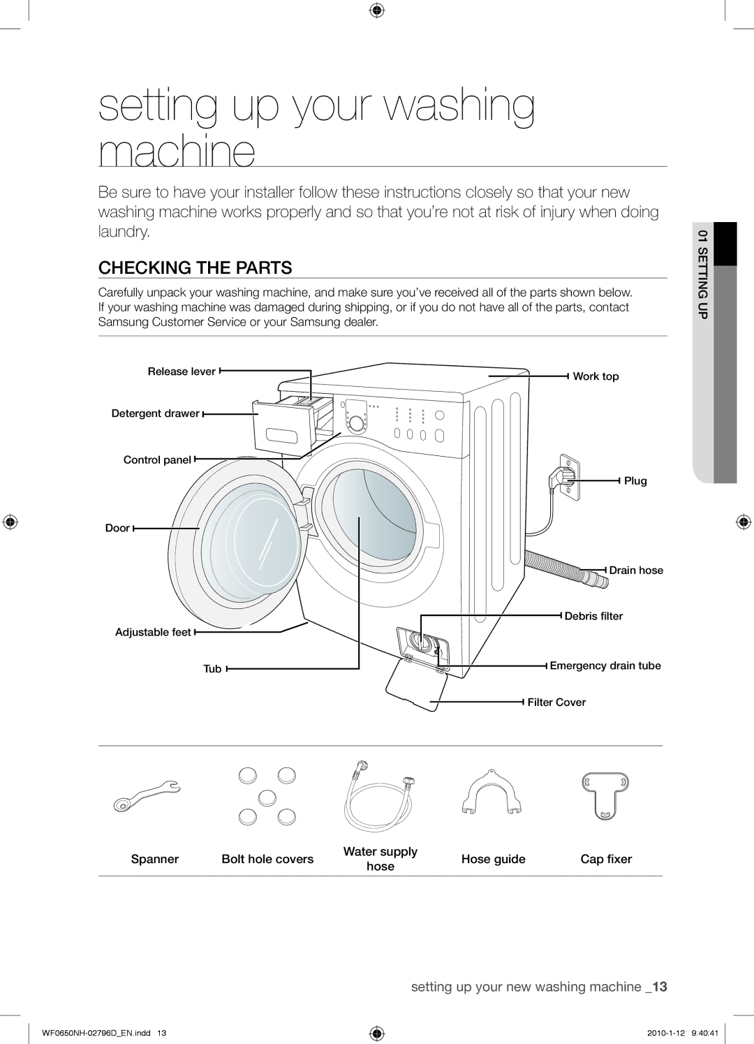 Samsung WF0650NHW/XTC manual Setting up your washing machine, Checking the Parts 