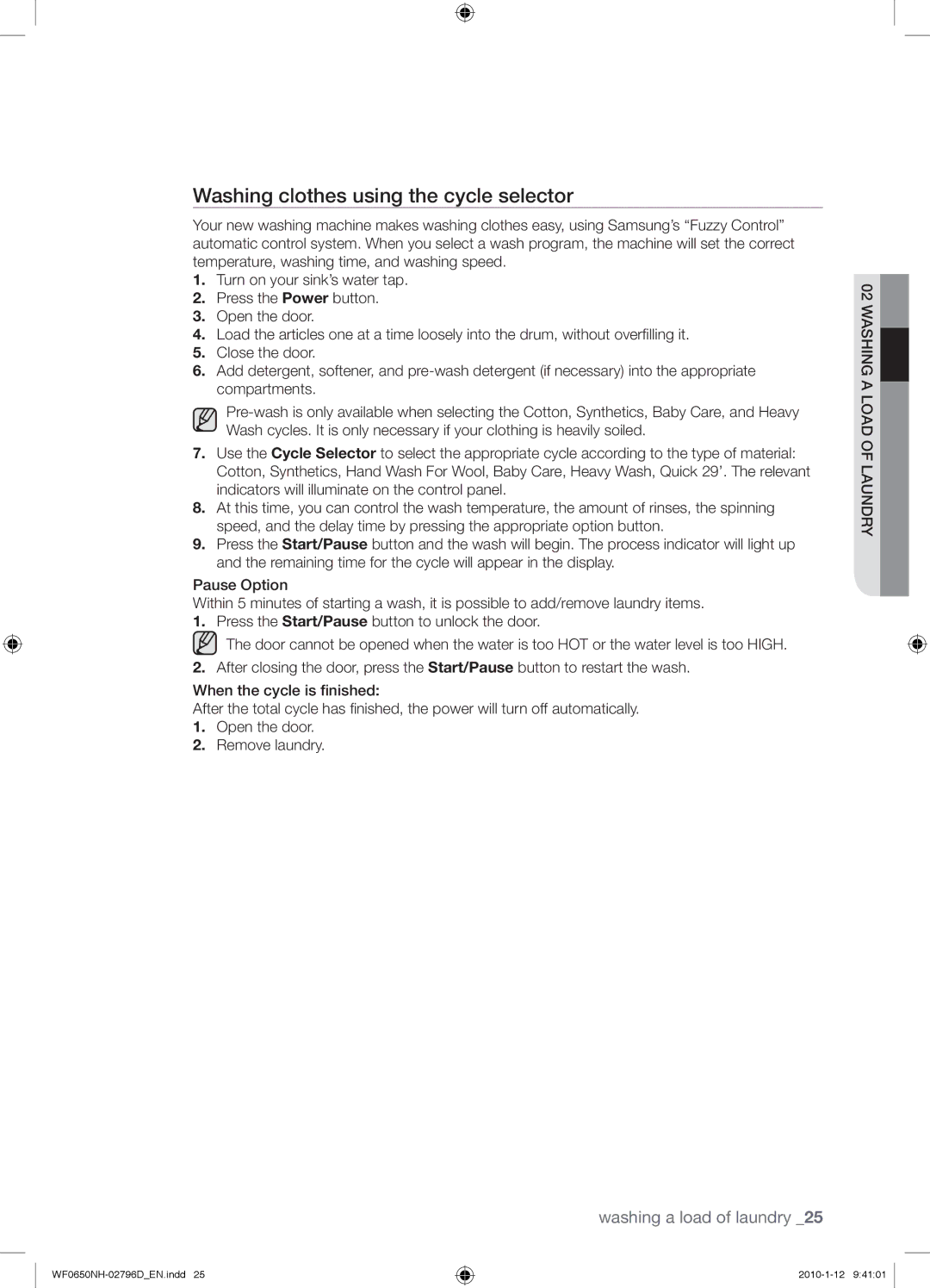 Samsung WF0650NHW/XTC manual Washing clothes using the cycle selector 