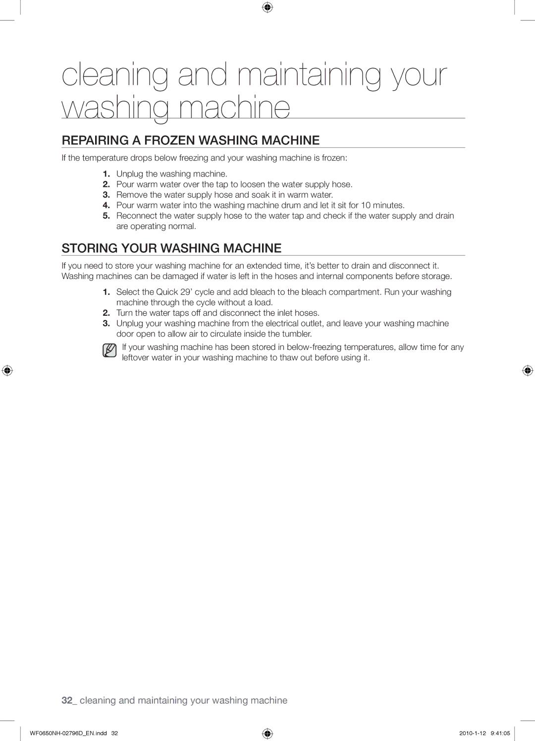 Samsung WF0650NHW/XTC manual Repairing a Frozen Washing Machine, Storing Your Washing Machine 