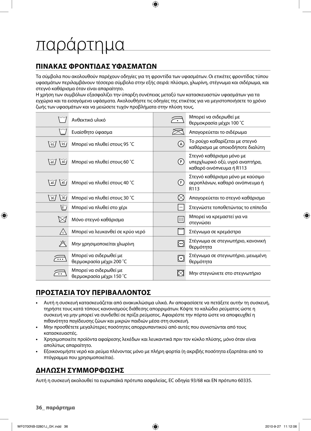 Samsung WF0700NBE/YLV manual Παράρτημα, Πινακασ Φροντιδασ Υφασματων, Προστασια ΤΟΥ Περιβαλλοντοσ, Δηλωση Συμμορφωσησ 