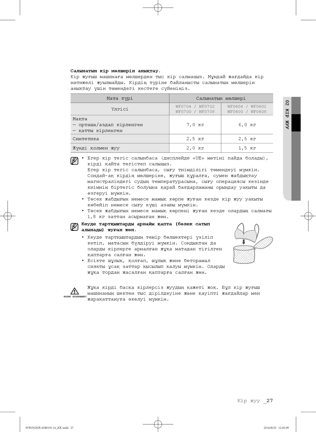 Samsung WF0700NBX/YLP, WF0700NBX1/YLP, WF0702NBF1/YLP, WF0600NCY/YLP, WF0700NCW/YLP manual Салынатын кір мөлшерін анықтау 