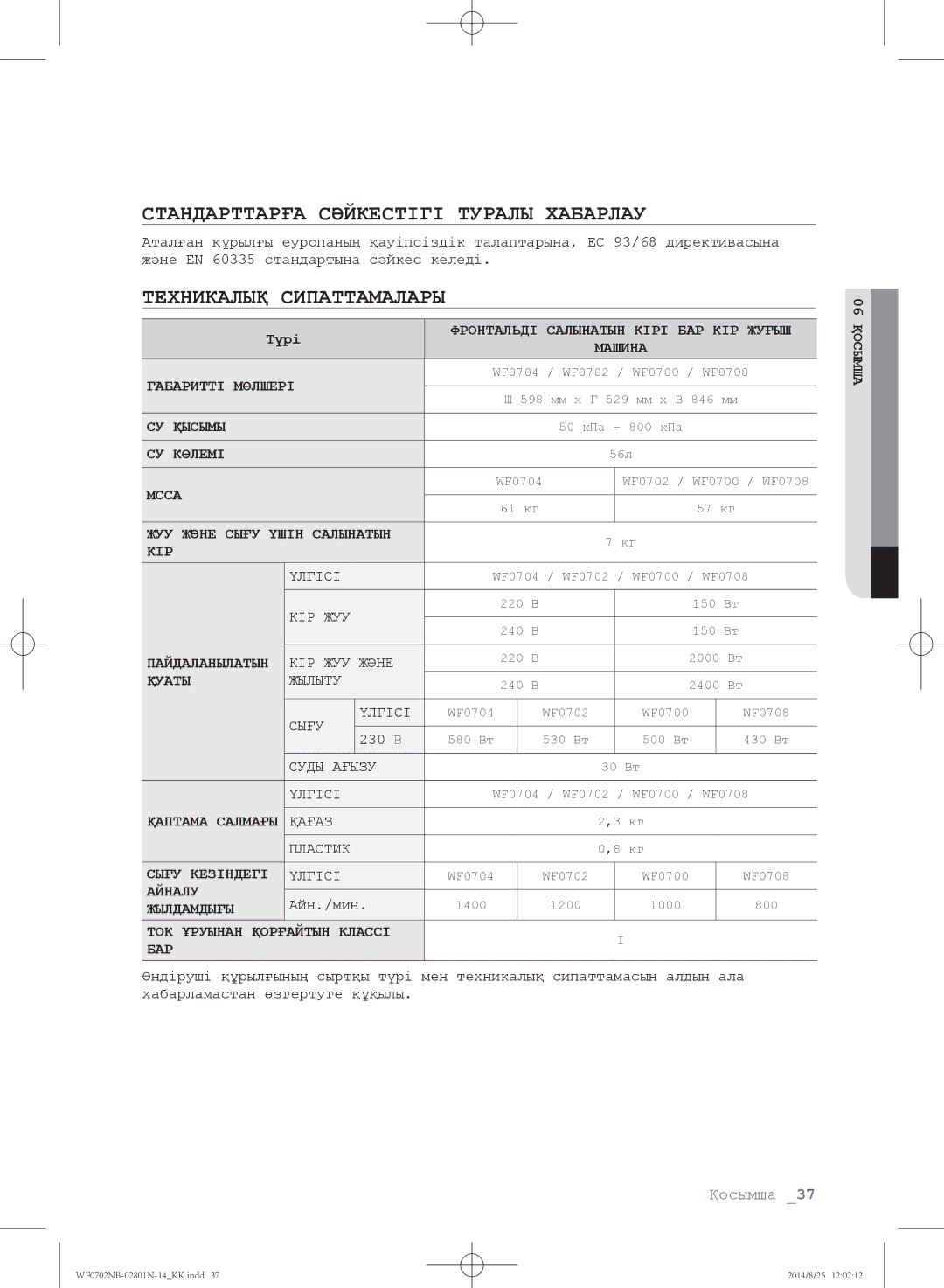 Samsung WF0700NBX/YLP, WF0700NBX1/YLP, WF0702NBF1/YLP Стандарттарға Сәйкестігі Туралы Хабарлау, Техникалық Сипаттамалары 