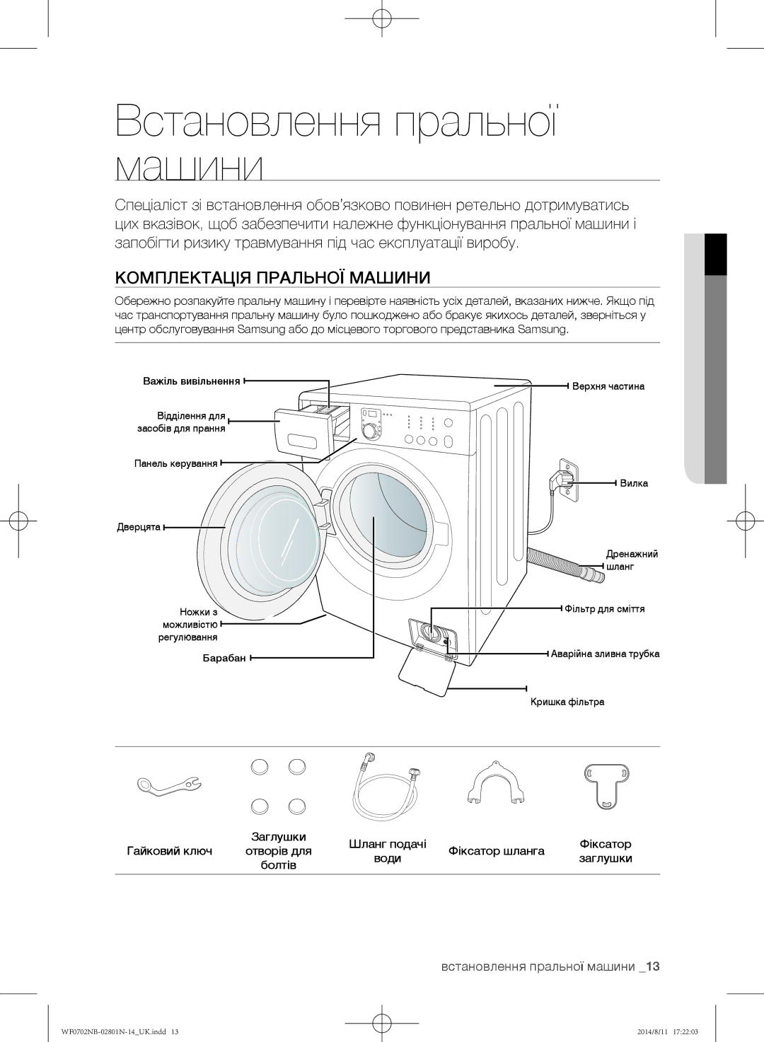 Samsung WF0600NCY/YLP, WF0700NBX1/YLP, WF0702NBF1/YLP manual Встановлення пральної машини, Комплектація пральної машини 