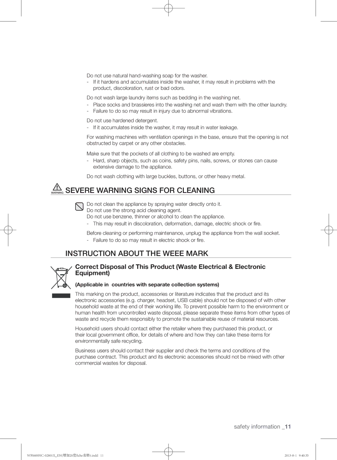 Samsung WF0602NCE/YLE manual Instruction about the Weee mark, Applicable in countries with separate collection systems 