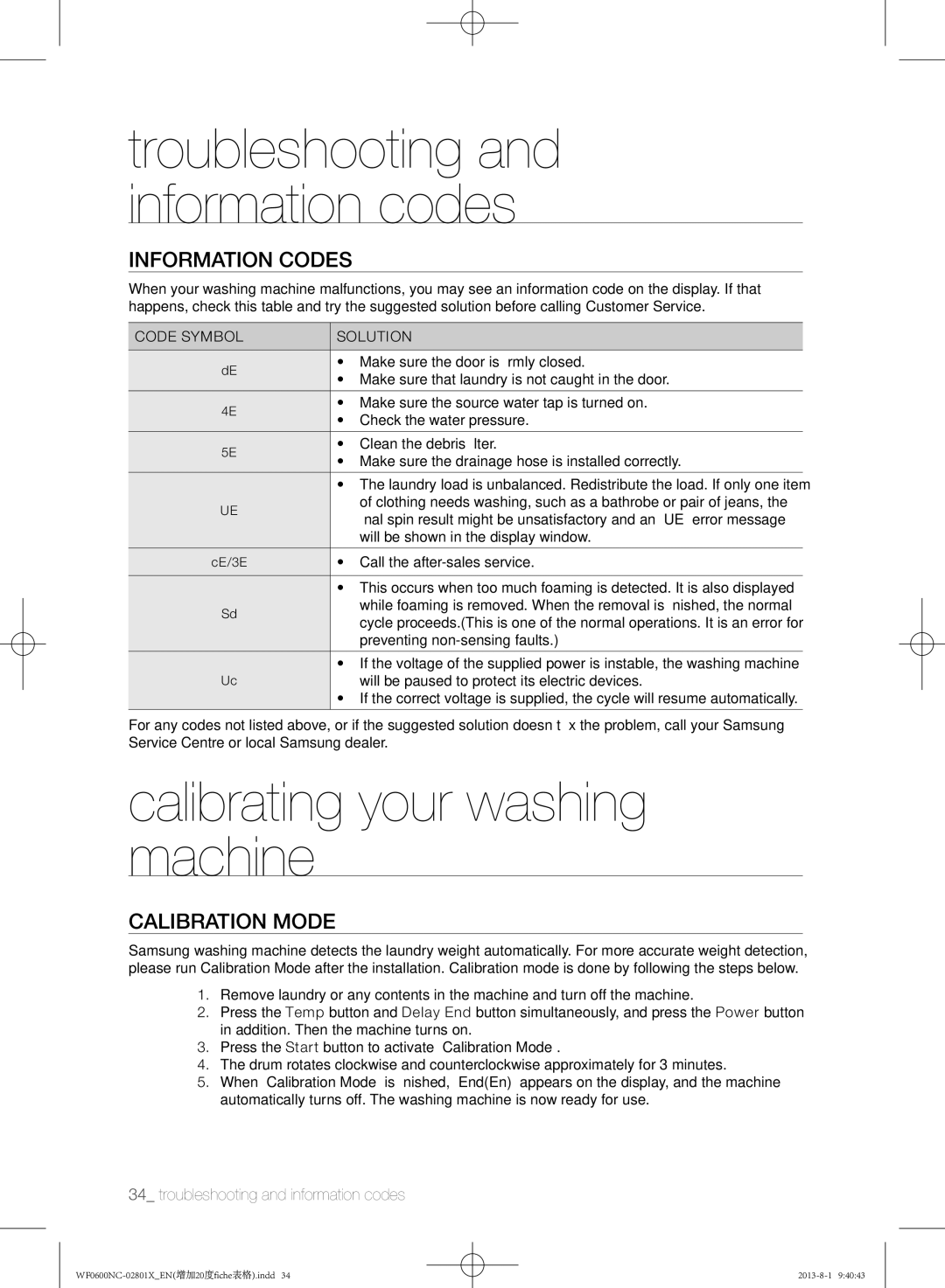 Samsung WF0600NCW/YLE, WF0700NCE/YLE, WF0602NCE/YLE Calibrating your washing machine, Information codes, Calibration mode 