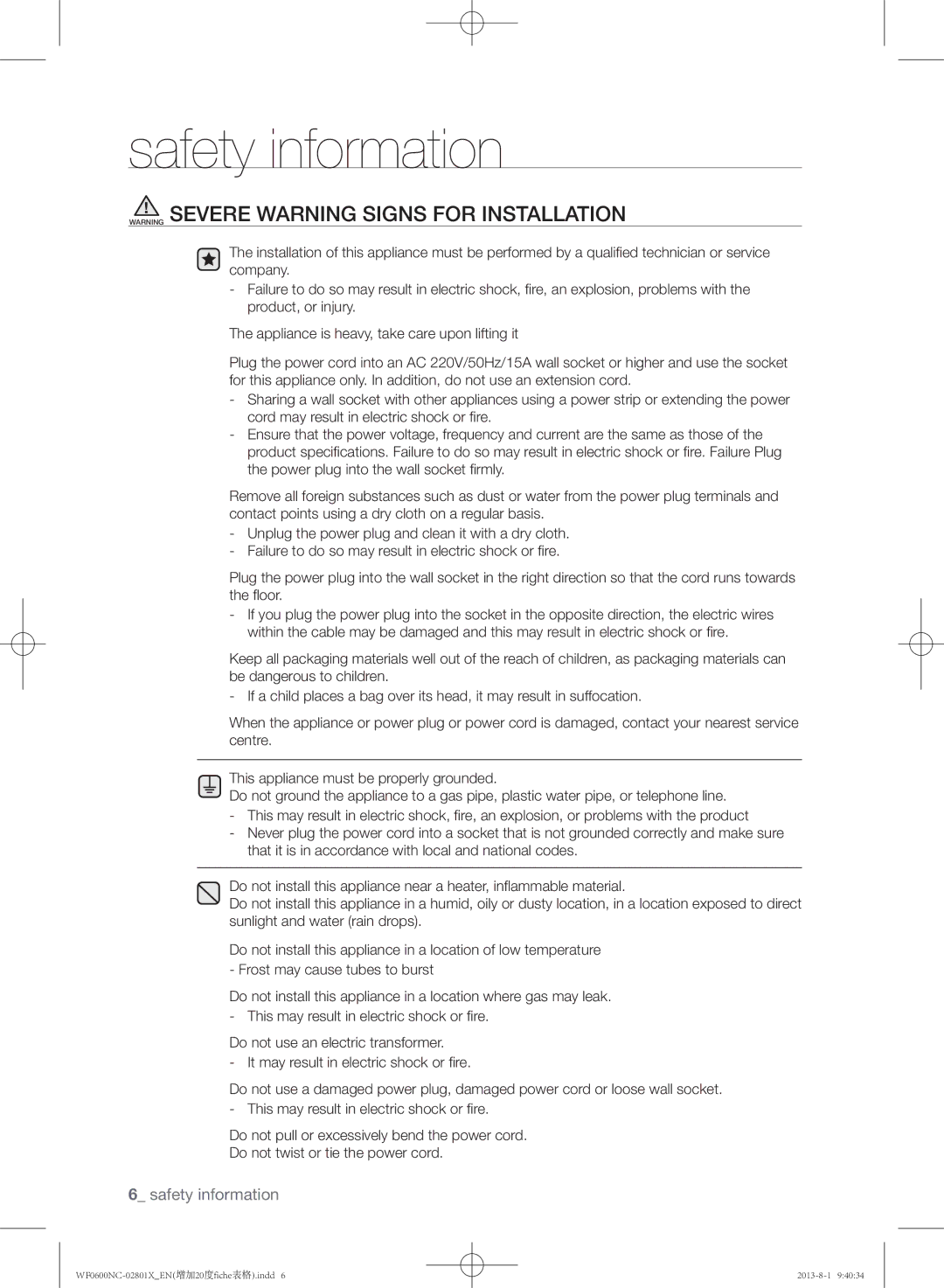 Samsung WF0700NCE/YLE, WF0600NCW/YLE, WF0602NCE/YLE manual Safety information 