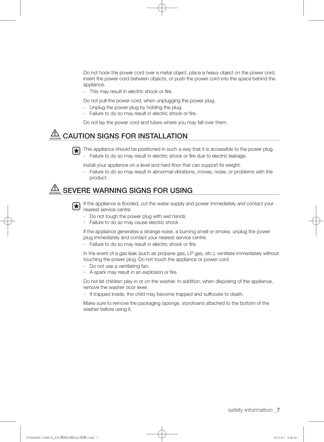 Samsung WF0600NCW/YLE, WF0700NCE/YLE, WF0602NCE/YLE manual Safety information 