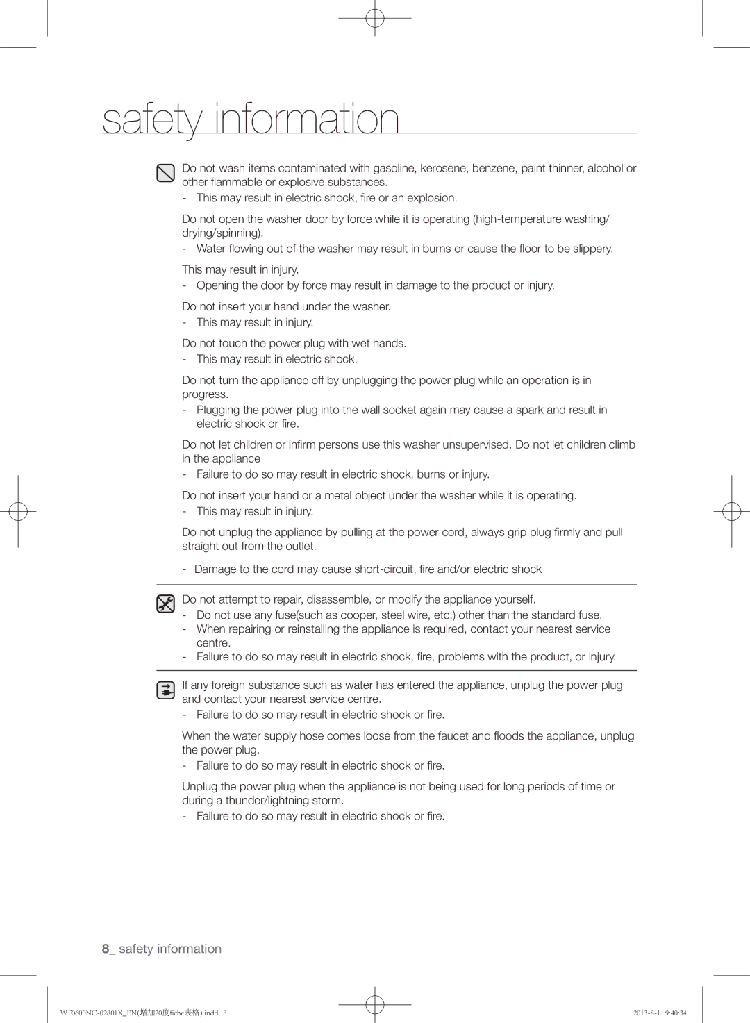 Samsung WF0602NCE/YLE, WF0700NCE/YLE, WF0600NCW/YLE manual Safety information 