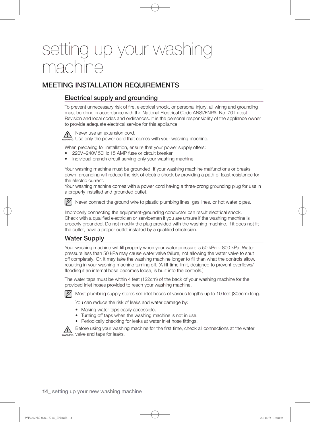 Samsung WF0700NCW/XSG manual Meeting installation requirements, Electrical supply and grounding, Water Supply 