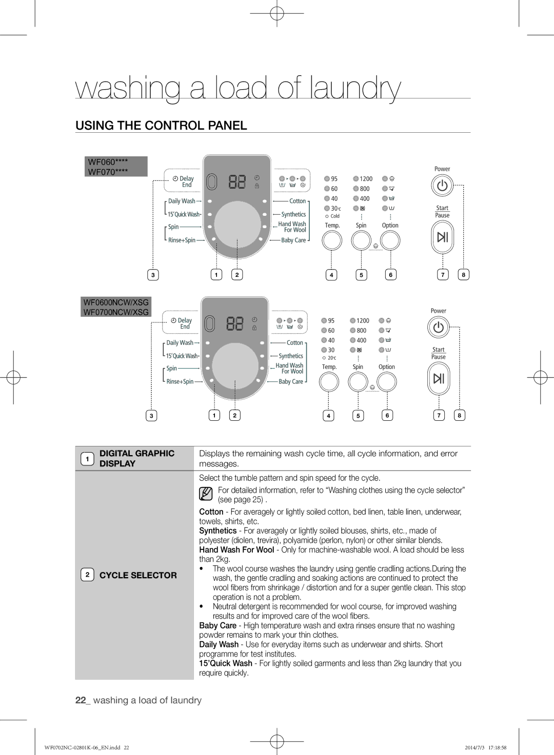 Samsung WF0700NCW/XSG manual Using the control panel, WF060 WF070, Messages 