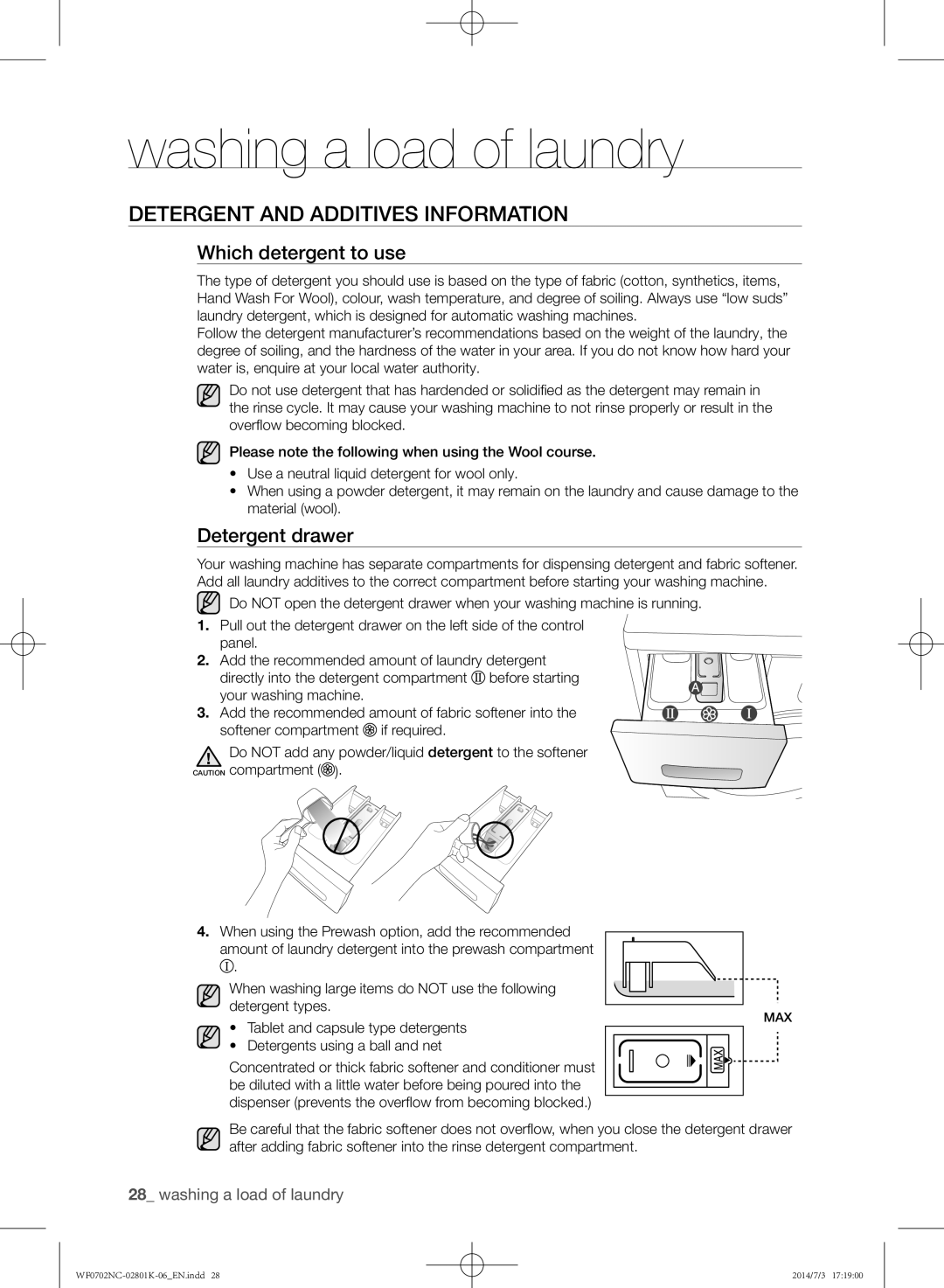 Samsung WF0700NCW/XSG manual Detergent and additives information, Which detergent to use, Detergent drawer 