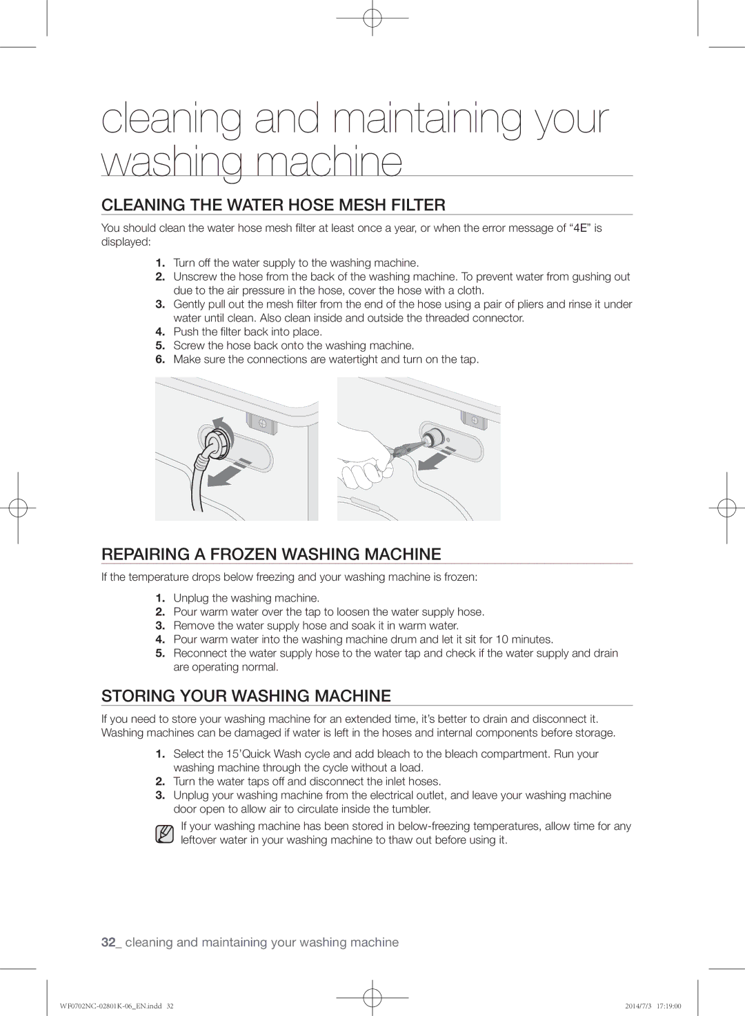 Samsung WF0700NCW/XSG manual Cleaning the water hose mesh filter, Repairing a frozen washing machine 