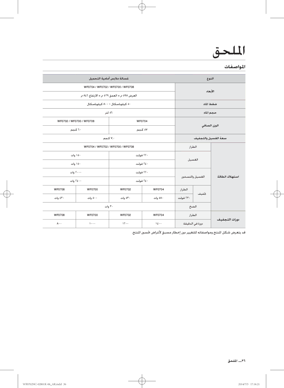 Samsung WF0700NCW/XSG manual تافصاولما, فيفجتلا تارود, الملحا 