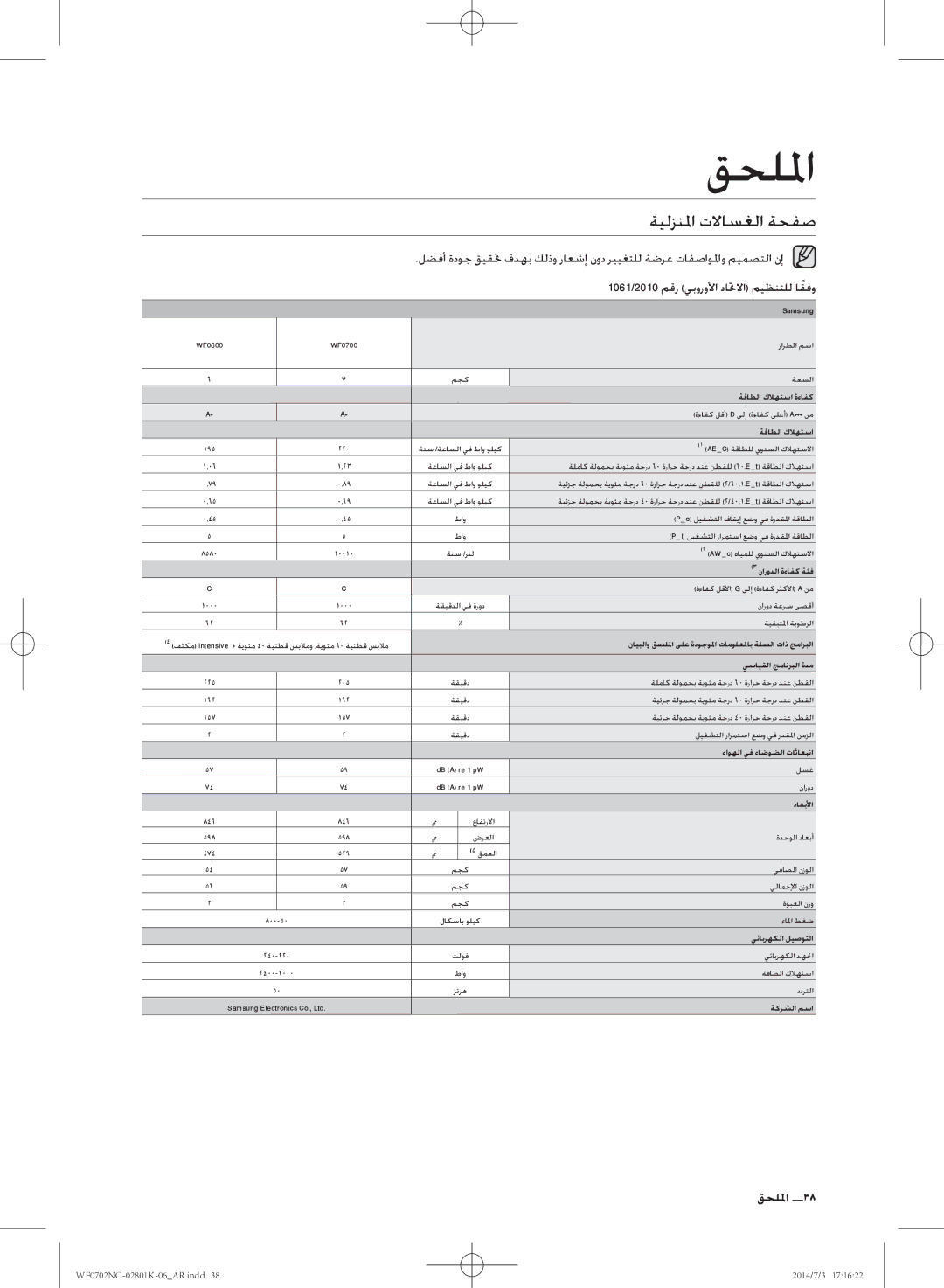 Samsung WF0700NCW/XSG manual ةيلزنلما تلااسغلا ةحفص, 1061/2010 مقر يبورولأا داتحلاا ميظنتلل اقفوً 