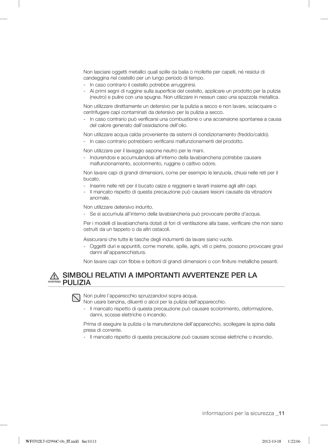 Samsung WF0702L7V1/XET, WF0702L7V/XET manual Simboli Relativi a Importanti Avvertenze PER LA 