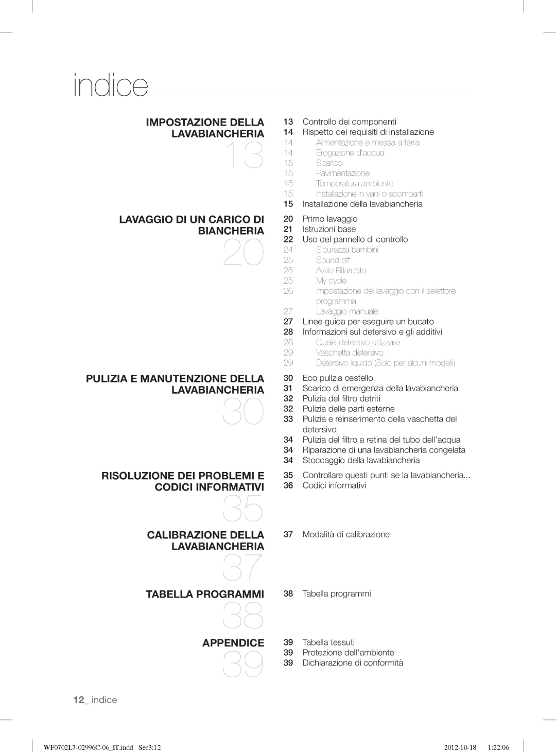 Samsung WF0702L7V/XET, WF0702L7V1/XET manual Indice 